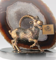 Bronze figure of "Capra" mountain  Goat with geode Agate druz on a Dolerite plate