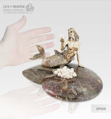 Bronze Mermaid  Figure with River and Sea Pearls on Ammonite Бронзовая Русалочка с Речным и Морским Жемчугом на Аммоните Берегиня семьи подарок на свадьбу оберег для дома русалочка из бронзы на аммоните аммонит жемчуг морской family protector wedding gift guard for home mermaid of bronze on ammonite sea pearl ammonite mineral premium минерал премиум 
