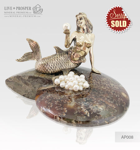 Bronze Mermaid  Figure with River and Sea Pearls on Ammonite
