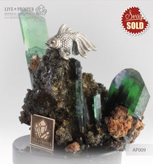 Silver Figure of Goldfish on Vivianite mineral on a Dolerite plate