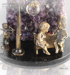 Bronze cupid and sweethearts on a bench with garnet heart with Agate Geode Amethyst and rock- crystal sphere on a dolerite plate Бронзовые амур и влюбленные на лавке с сердцем из граната с жеодой агата аметистовой друзой и шаром из горного хрусталя на пластине из долерита 