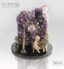 Bronze cupid and sweethearts on a bench with garnet heart with Agate Geode Amethyst and rock- crystal sphere on a dolerite plate Бронзовые амур и влюбленные на лавке с сердцем из граната с жеодой агата аметистовой друзой и шаром из горного хрусталя на пластине из долерита 