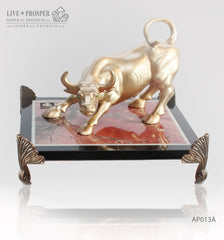 Bronze figure of bull gold plated with demantoids inserts on jasper plate Бронзовый бык с золотым напылением со вставками из демантоидов на панно из яшмы