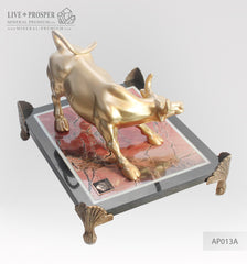 Bronze figure of bull gold plated with demantoids inserts on jasper plate Бронзовый бык с золотым напылением со вставками из демантоидов на панно из яшмы
