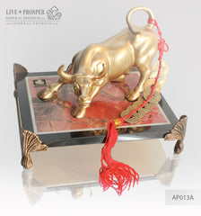Bronze figure of bull gold plated with demantoids inserts on jasper plate Бронзовый бык с золотым напылением со вставками из демантоидов на панно из яшмы