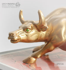 Bronze figure of bull gold plated with demantoids inserts on jasper plate Бронзовый бык с золотым напылением со вставками из демантоидов на панно из яшмы