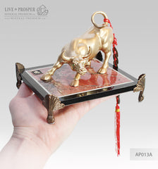 Bronze figure of bull gold plated with demantoids inserts on jasper plate 2