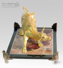 Bronze Figure of Bull with Demantoid inserts on Jasper plate