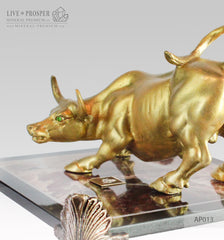 Bronze Figure of Bull with Demantoid inserts on Jasper plate