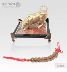 Bronze figure of bull gold plated with demantoids inserts on jasper plate Бронзовый бык с золотым напылением со вставками из демантоидов на панно из яшмы