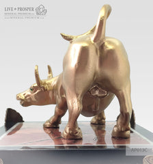 Bronze figure of bull gold plated with demantoids inserts on jasper plate Бронзовый бык с золотым напылением со вставками из демантоидов на панно из яшмы