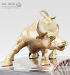 Bronze figure of bull gold plated with demantoids inserts on jasper plate Бронзовый бык с золотым напылением со вставками из демантоидов на панно из яшмы