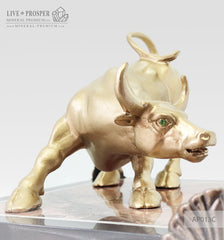 Bronze figure of bull gold plated with demantoids inserts on jasper plate Бронзовый бык с золотым напылением со вставками из демантоидов на панно из яшмы