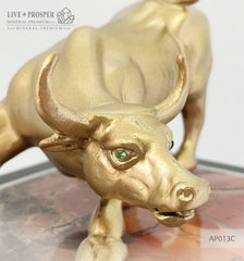 Bronze figure of bull gold plated with demantoids inserts on jasper plate Бронзовый бык с золотым напылением со вставками из демантоидов на панно из яшмы