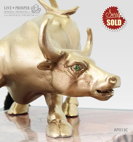 Bronze figure of bull gold plated with demantoids inserts on jasper plate AР013С