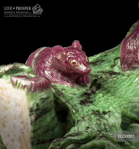 Solid ruby zoisite carving of couple mouses with ruby and gold 14k inserts