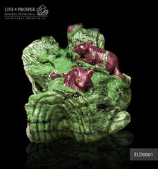 Solid ruby zoisite carving of couple mouses with ruby and gold 14k inserts  Парочка мышей на коряге из Рубин-Цоизита с рубиновыми глазами и золотыми 14к вставками. 