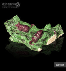 Solid ruby zoisite carving of couple mouses with ruby and gold 14k inserts  Парочка мышей на коряге из Рубин-Цоизита с рубиновыми глазами и золотыми 14к вставками. 