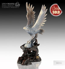 Solid Agate carving Eagle with Spread wings on a Wooden stand