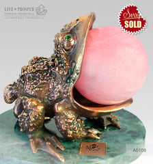 Bronze figure of Frog with Demantoid inserts with Pink quartz Sphere on a Marvel plate
