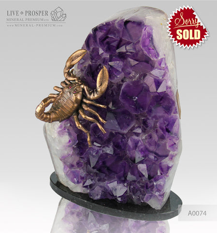 Bronze Scorpion figure with Demantoid inserts with Agate geode Amethyst