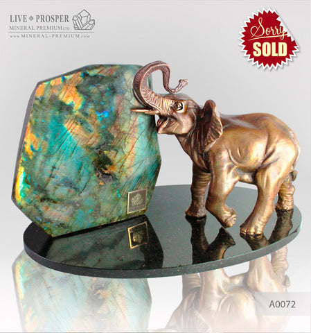 Bronze Elephant figure with Labradorite on a Dolerite plate