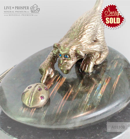 Bronze figures of Monkey and Ladybug with Demantoid inserts with Labradorite on Dolerite plate