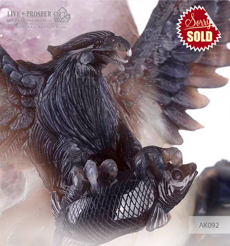 Solid Agate carving of Majestic eagles Fishing with Spread wings on Amethyst Druze