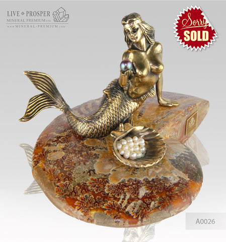 Bronze Mermaid  Figure with River and Sea Pearls on Ammonite