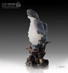 Agate carving of Two owls on branch with Amethyst Druze hollow on a Wooden stand