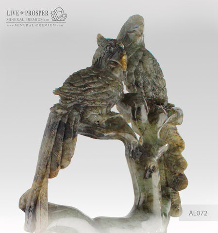 Solid Labradorite carving of Imperial parrots Couple Corella on Branch on a Wooden stand