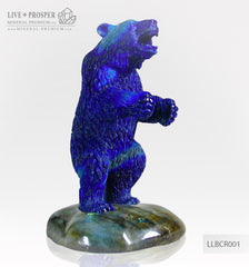 Solid Lapis lazuli Bear carving on a Labradorite plate LLBCR001