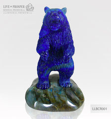 Solid Lapis lazuli Bear carving on a Labradorite plate LLBCR001