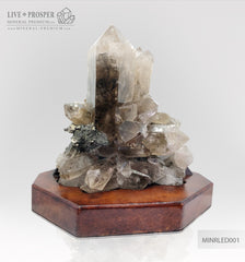 Collectible mineral specimen of Smoky quartz (Rauchtopaz) with Pyrite on a wooden stand  Коллекционный минерал Дымчатый кварц (Раухтопаз) с Пиритом на деревянной подставке  mineral premium минерал премиум 