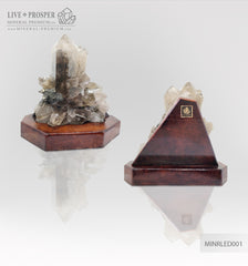 Collectible mineral specimen of Smoky quartz (Rauchtopaz) with Pyrite on a wooden stand