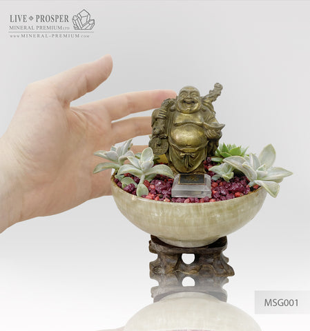 Bronze Buddha - Hotei figure on agate bowl with a succulent’s table garden on a wooden stand