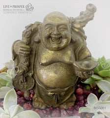 Bronze Buddha - Hotei figure on agate bowl with a succulent’s table garden on a wooden stand