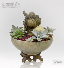 Bronze Buddha - Hotei figure on agate bowl with a succulent’s table garden on a wooden stand