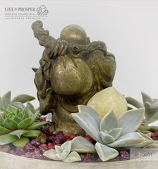 Bronze Buddha - Hotei figure on agate bowl with a succulent’s table garden on a wooden stand