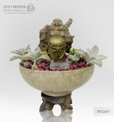 Bronze Buddha - Hotei figure on agate bowl with a succulent’s table garden on a wooden stand