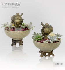 Bronze Buddha - Hotei figure on agate bowl with a succulent’s table garden on a wooden stand
