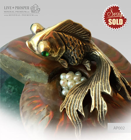 Bronze Goldfish Figure with Demantoid Eyes with Pearls on Ammonit - Marble base