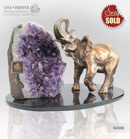 Bronze elephant Figure with Geode agate Amethyst on  Dolerite plate