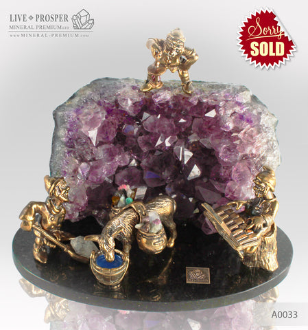 Bronze Dwarf Miners Figures with a Donkey at Amethyst mine on Dolerite plate