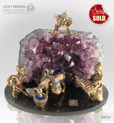 Bronze Dwarf Miners Figures with a Donkey at Amethyst mine on Dolerite plate