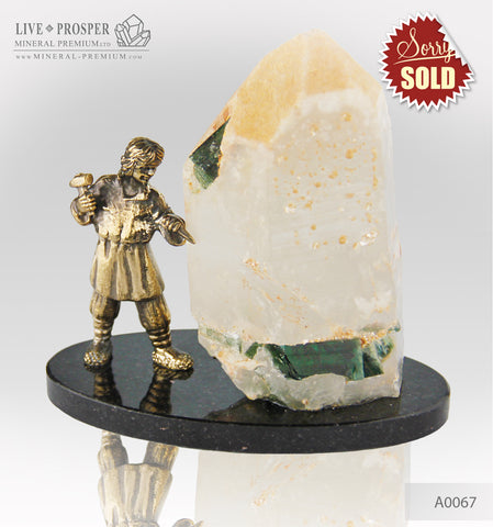 Bronze Danila master Figure with tourmaline in quartz on dolerite plate