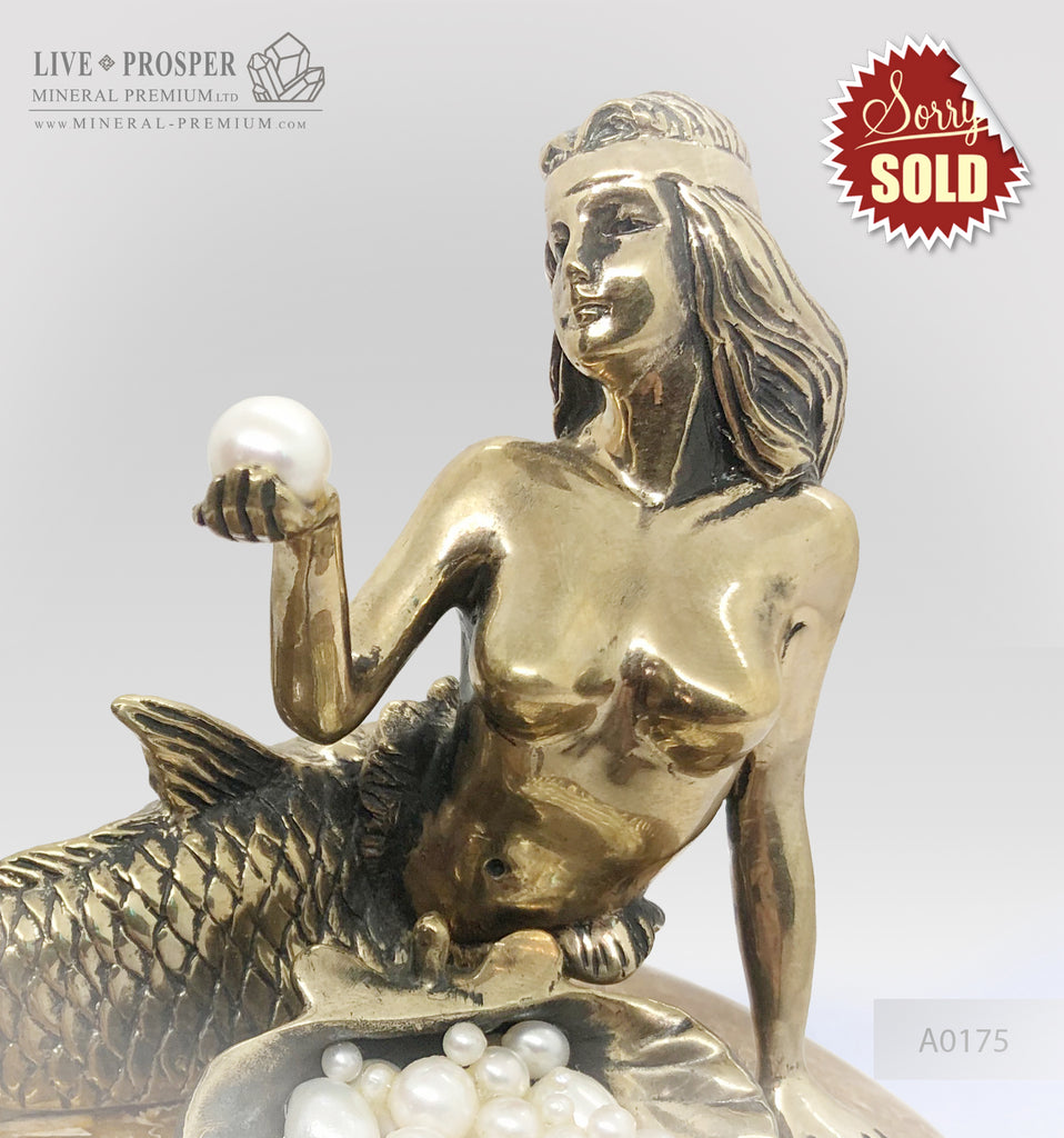 Bronze Mermaid and Seahorse with River and Sea Pearls on Ammonite dolerite base