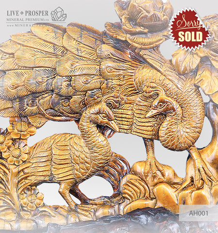 Solid Tiger's eye Carving of Loving peacocks Couple