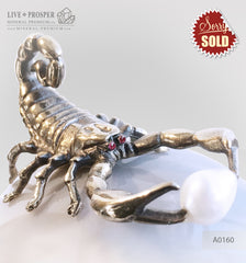 Bronze figure of scorpion on  agate sphere with sea pearl and Swarovski inserts on dolerite plate №2