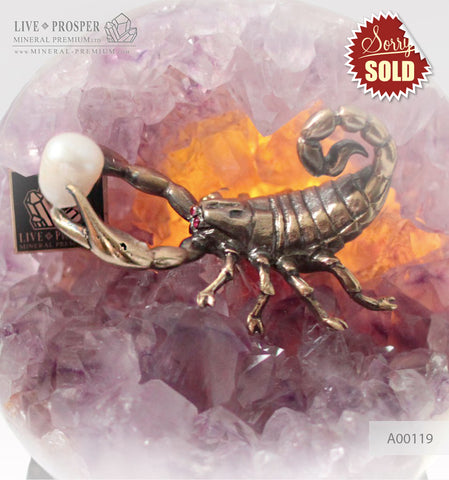 Bronze figure of Scorpion at Geode agate Amethyst sphere with Aea pearl and Dermatoid inserts